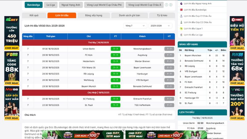 Lịch thi đấu Bundesliga được cập nhật nhanh tại BongdaNET