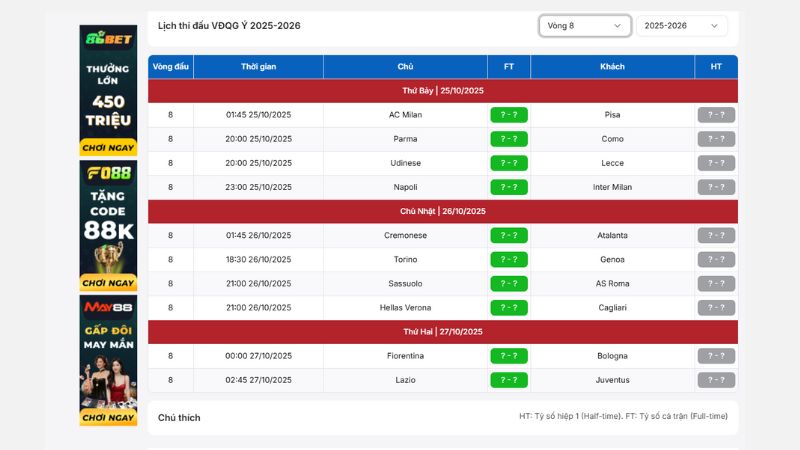 Công bố các trận đấu trong lịch thi đấu Serie A
