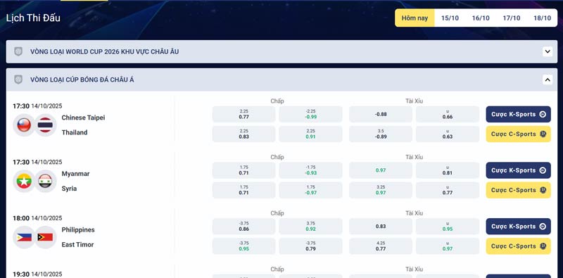 Lịch thi đấu có bảng kèo